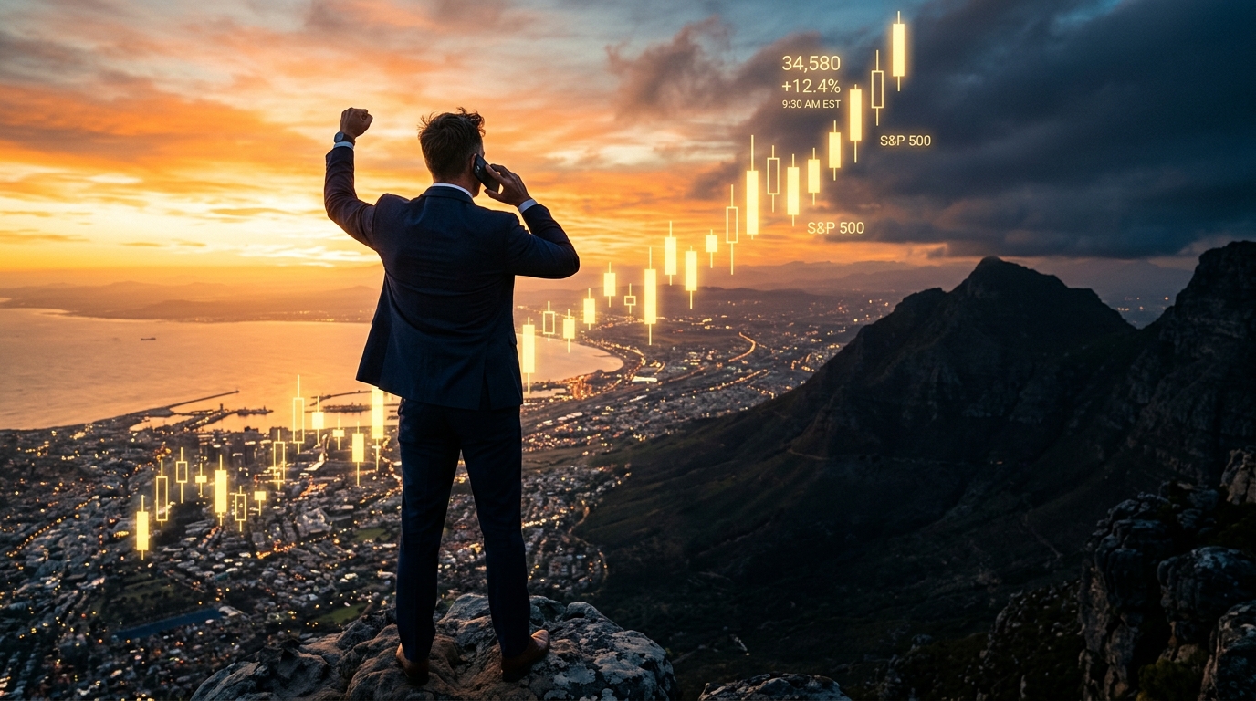 Trader on mountain peak looking at rising stock market candlestick chart at sunrise