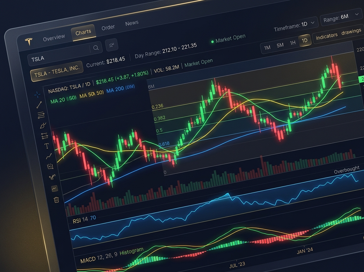 Dark mode stock trading candlestick chart and technical analytics interface